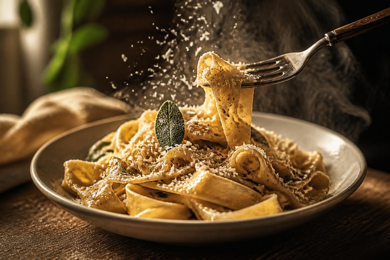 Fresh handmade pappardelle with brown butter sage and shaved parmesan