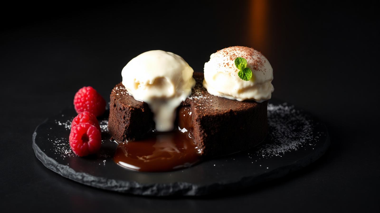 Molten chocolate, vanilla scoop